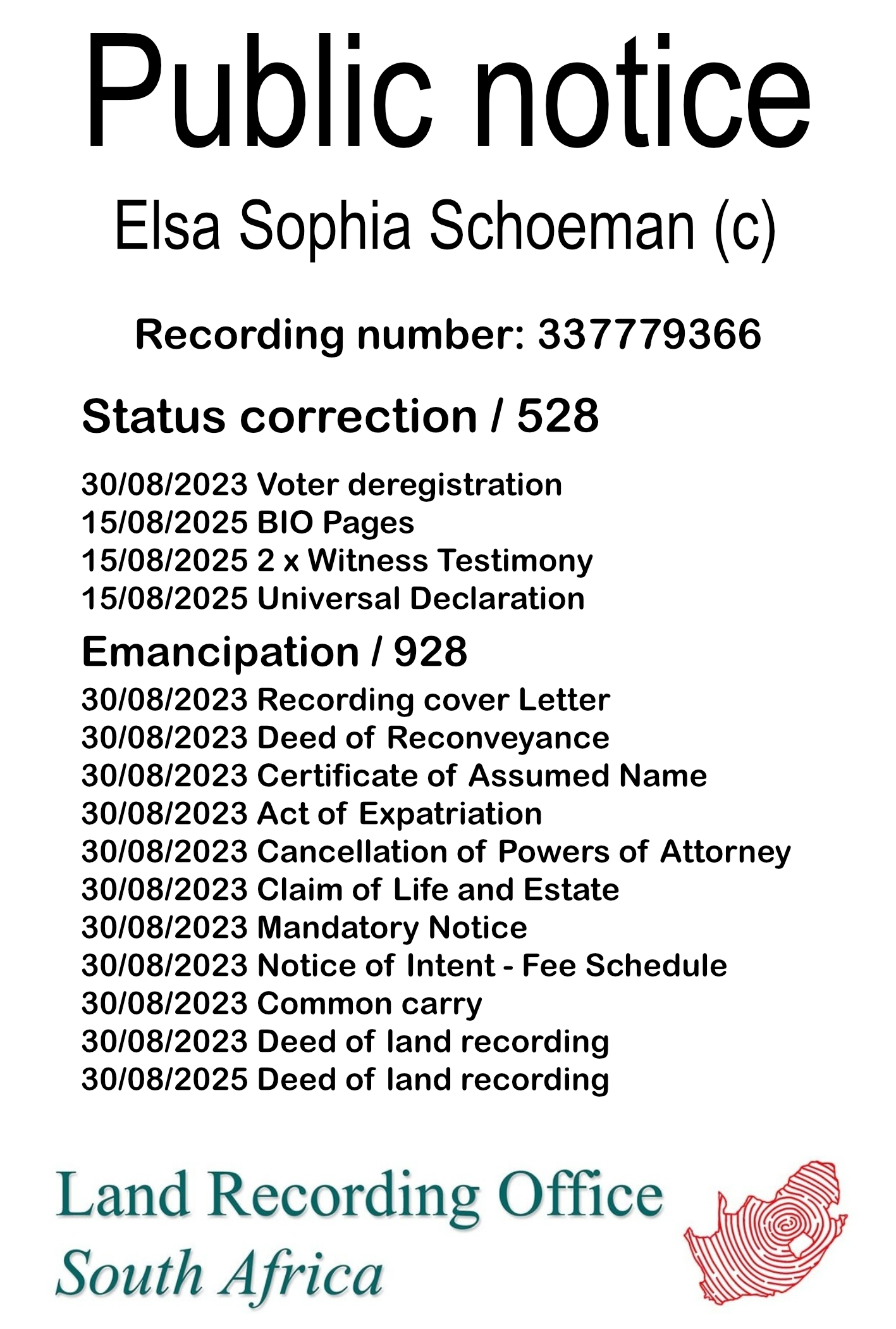 Public notice Elsa Sophia Schoeman (c) Recording number 337779366